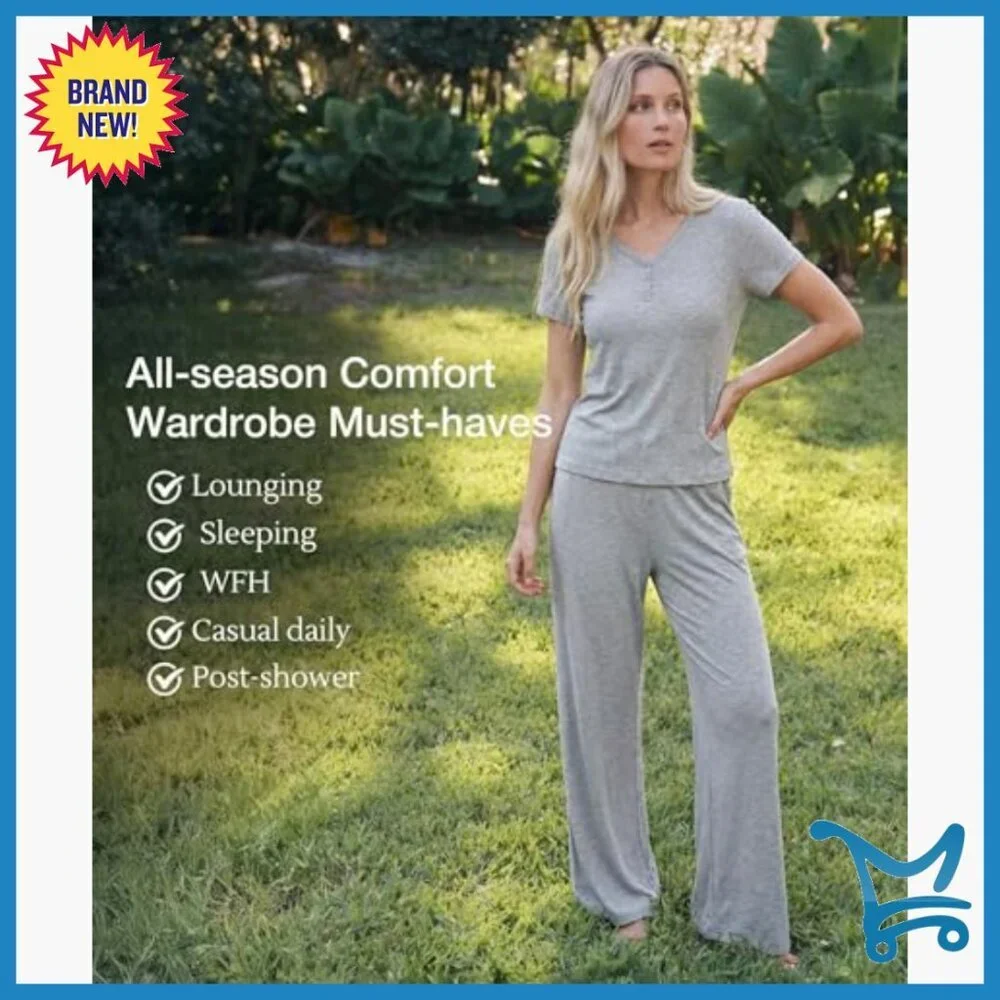 X-Large Bamboo Viscose Lounge Set, V-Neck Tee & Pants with Pockets